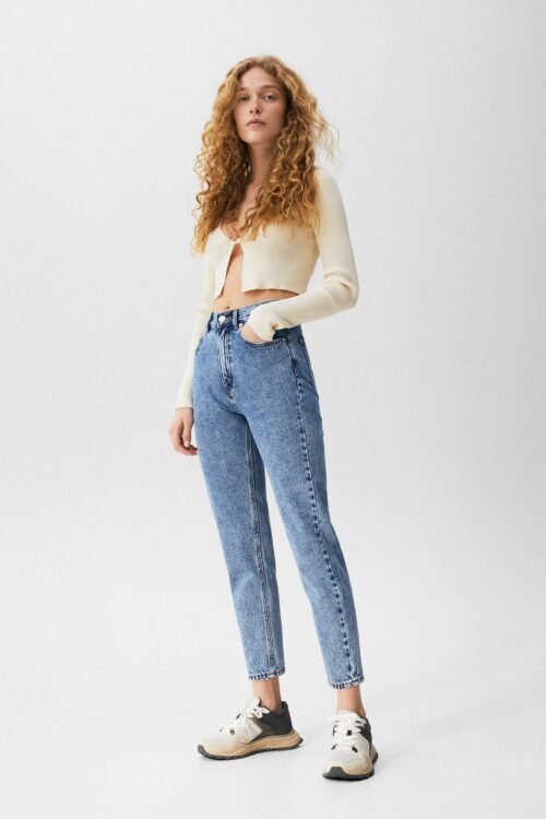 Quần Jeans Mẹ Cơ Bản Màu Xanh